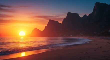 Sunset beach mountain view