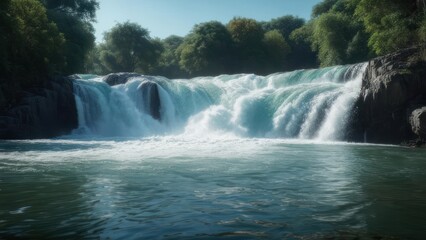 Obraz premium Serene waterfall cascading into a tranquil pool, surrounded by lush greenery under a bright sky