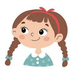 Cute little girl with two braids wearing polka dot dress. Cartoon vector illustration of smiling child face with red headband, playful hairstyle and happy expression
