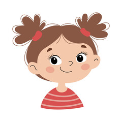 Cute little girl with two ponytails in red striped shirt. Cartoon vector illustration of smiling child face with hair tied up and cheerful expression