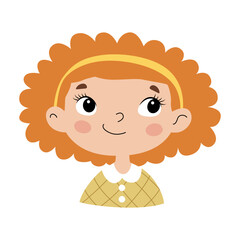 Cute little girl portrait with curly hair and headband, cartoon child face vector illustration for children design, avatar, sticker, clipart isolated on white background