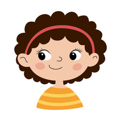 Cute smiling girl with curly hair and red headband in striped yellow shirt. Cartoon vector illustration of happy child face for kids design, education materials, avatars, and children’s products
