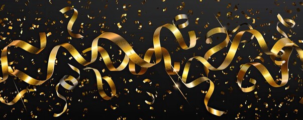 Gold Ribbon Dance with Falling Confetti on Dark Backdrop; For Celebration Designs