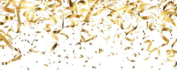 Gold ribbons & confetti falling on white background. Event or festive use