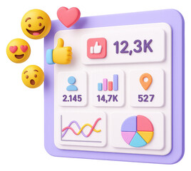 3D social media dashboard with user counts, likes, and diverse emojis illustration isolated on a transparent background