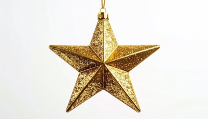 Gold star Christmas ornament hanging; celebration and decoration on white background