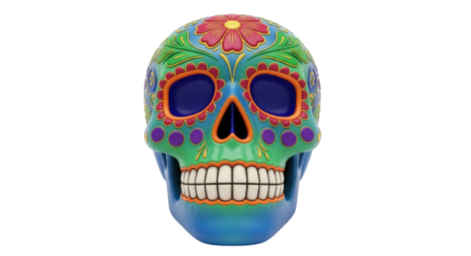 Isolated Day of the Dead Sugar Skull, vibrant traditional Mexican folk art object, artful