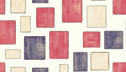Abstract red, blue, beige textured squares on a cream background