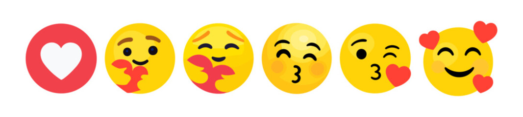 Emoji love and kiss faces. Vector emoticon icons with heart, smile and romantic expressions