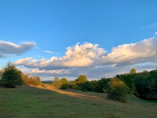 Scenic landscape with green meadow, trees, and dramatic clouds in the blue sky at sunset. Peaceful nature background.