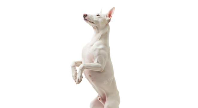 Isolated Ibizan Hound dog on hind legs looking up, curious canine breed animal mammal pet