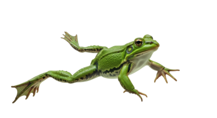Isolated Green Frog Leaping, Bullfrog Showing its Webbed Feet and Legs on Light Backdrop