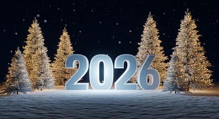 Festive Snowy Forest Scene with Illuminated Year 2026 and Christmas Trees in Winter Night