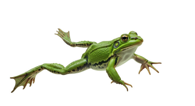 Isolated Green Frog Leaping, Bullfrog Showing its Webbed Feet and Legs on Light Backdrop
