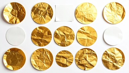 Golden foil circles lay flat on white surface with paper; design mockups, packaging