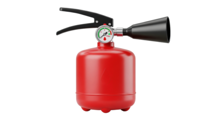 Isolated red fire extinguisher with gauge, nozzle, and handle for safety and security