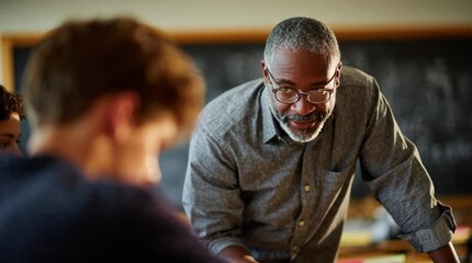 Teacher helping student with schoolwork in classroom at school or college