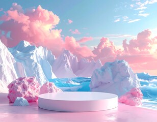 Pastel mountain landscape with a blank podium