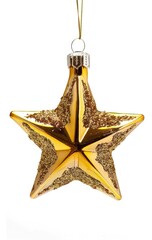 Golden star Christmas ornament, on white background, for festive decoration use