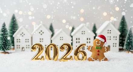 Festive Gingerbread Santa Claus and Gold Number 2026 in Winter Holiday Scene