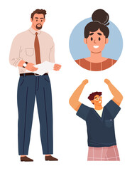 Professional man holding a paper, joyful person raising arms in a cheer, and female portrait silhouette in a circular layout. Ideal for teamwork, celebration, business, meeting, collaboration