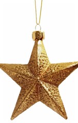 Golden star ornament hangs against white. Holiday decor for a festive background