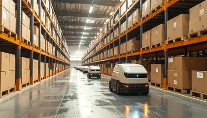 Autonomous Mobile Robots Navigating a Modern Warehouse Aisle.