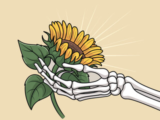 Skeleton hand holding a sunflower with radiating lines, flat vector illustration