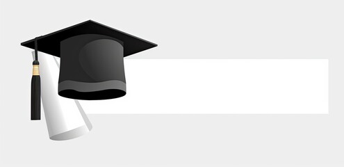 Graduation cap and diploma on white space for message in banner, background