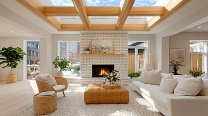 A modern farmhouse living space with a whitewashed brick fireplace, a tan leather ottoman, and soft daylight enhancing the warm wood accents.