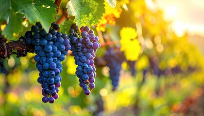 Grapes ripening on vine at vineyard with sunset, for food, drink or nature images