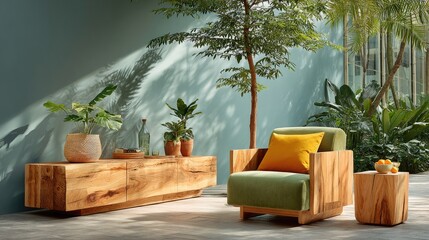 A nature-inspired living room with a moss green velvet sofa, a live-edge walnut console, and golden hour light casting long shadows across the room.
