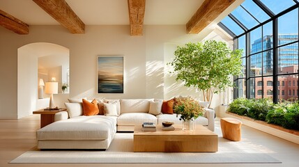 A neutral-toned living room with a sand-colored sectional, a black metal floor lamp, and a large abstract painting. Sunbeams create dynamic light patterns.