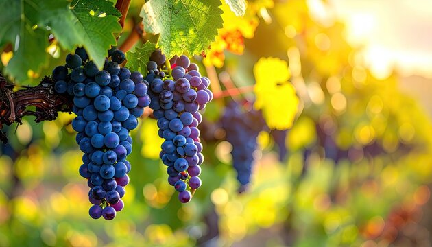 Grapes ripening on vine at vineyard with sunset, for food, drink or nature images - Powered by Adobe
