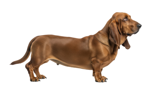 Isolated purebred Basset Hound dog, brown fur, droopy ears, short legs, standing profile