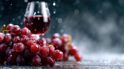 An inviting scene featuring a glass of red wine beside fresh, dewy grapes, creating an atmosphere of relaxation and sophistication with captivating droplets of water.