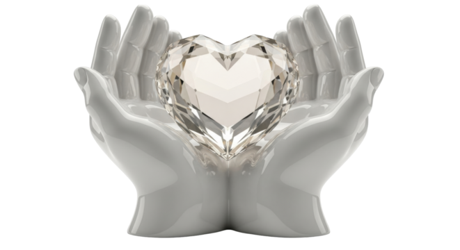 Isolated hands holding heart shaped crystal in studio for love and wellness concept