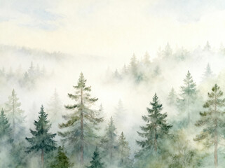 Misty Pine Forest Watercolor Landscape Art