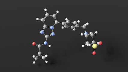 filgotinib molecule 3d, molecular structure, ball and stick model, structural chemical formula immunosuppressant