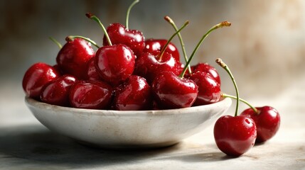 Vibrant, fresh cherries glistening with moisture in a rustic bowl, showcasing their luscious appeal, perfect for healthy eating or summer snacking inspiration.