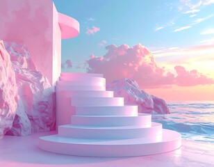 Pastel pink and white staircase overlooking a sunset ocean
