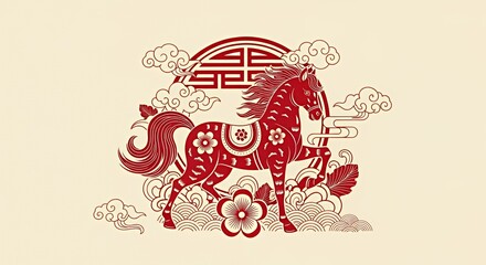 Traditional Red Horse Illustration with Floral and Cloud Elements for Cultural Celebrations