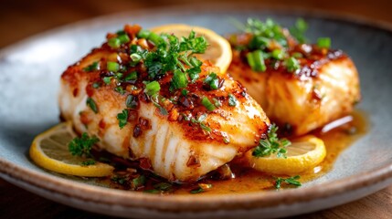 An inviting dish featuring two perfectly cooked fish fillets, garnished with fresh herbs and lemon, ideal for showcasing culinary art and the appeal of healthy, gourmet cuisine.