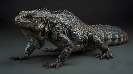 Obraz premium A stunning, low-angle studio shot of a large iguana or lizard with dark, highly textured scales that show a subtle, rainbow iridescent sheen against a dark grey background