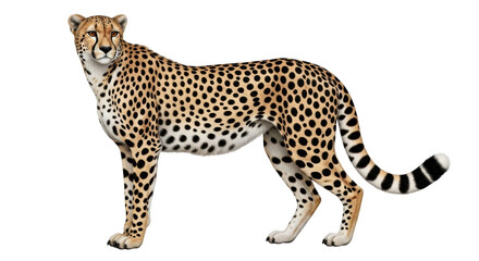 Isolated Cheetah standing calmly facing forward, posing at attention in full body shot