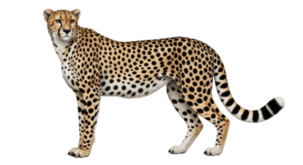 Isolated Cheetah standing calmly facing forward, posing at attention in full body shot