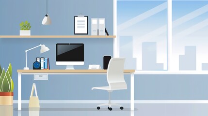 Simple Office Background Design Images, presenting neat desks, floor plants, transparent glass windows, minimalist meeting areas and other elements with a simple visual style. Covering fresh tones 