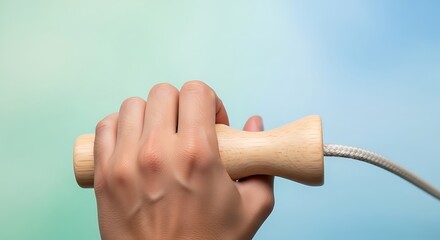 Hand Holding Wooden Handle with Rope on Colorful Background