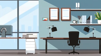 Simple Office Background Design Images, presenting neat desks, floor plants, transparent glass windows, minimalist meeting areas and other elements with a simple visual style. Covering fresh tones 
