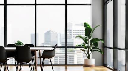 Simple Office Background Design Images, presenting neat desks, floor plants, transparent glass windows, minimalist meeting areas and other elements with a simple visual style. Covering fresh tones 